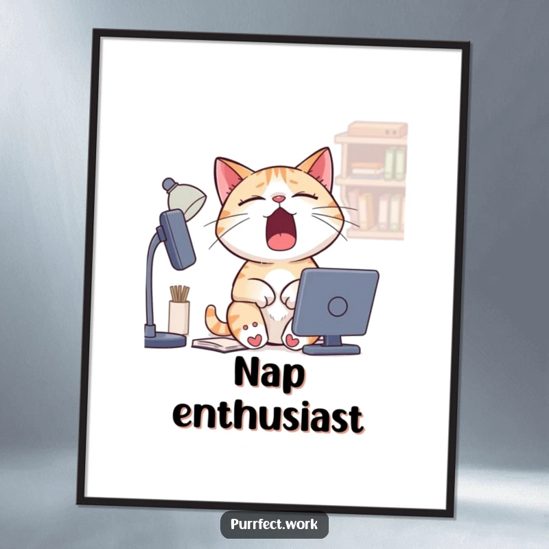 Funny Sleepy Cat Poster: Wall art of a cat yawning extensively at a desk, capturing the feeling of exhaustion with humor.