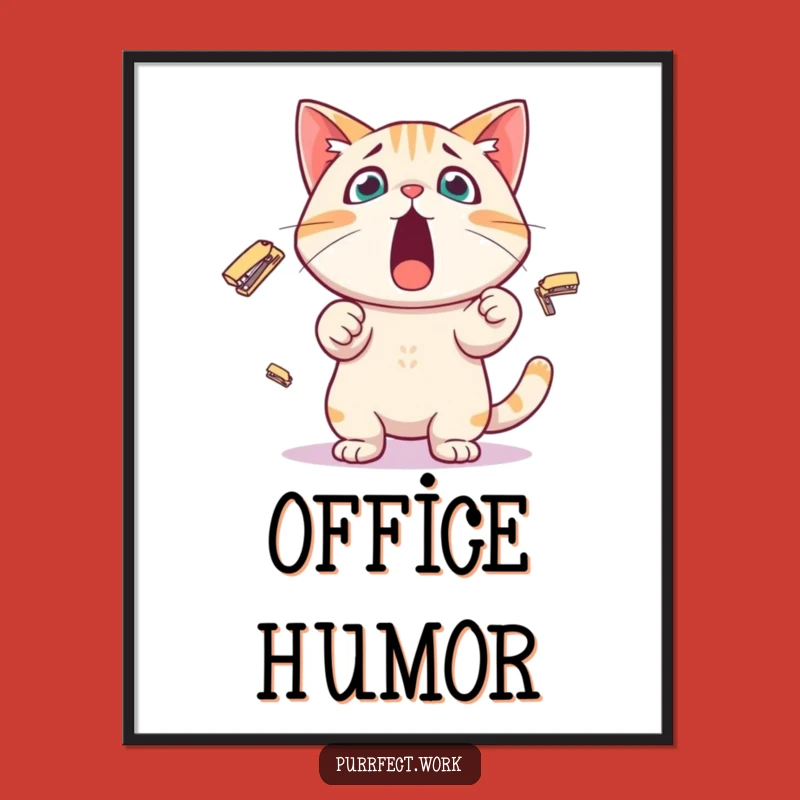 Funny Stapler Cat Poster: Office Juggler, Whimsical Wall Art Gift