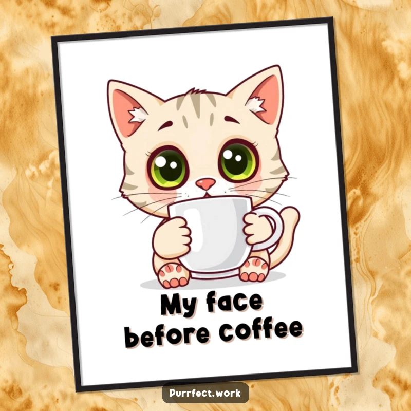 Funny surprised cat poster, a cat with large eyes holding a coffee mug, perfect for expressive wall decor.