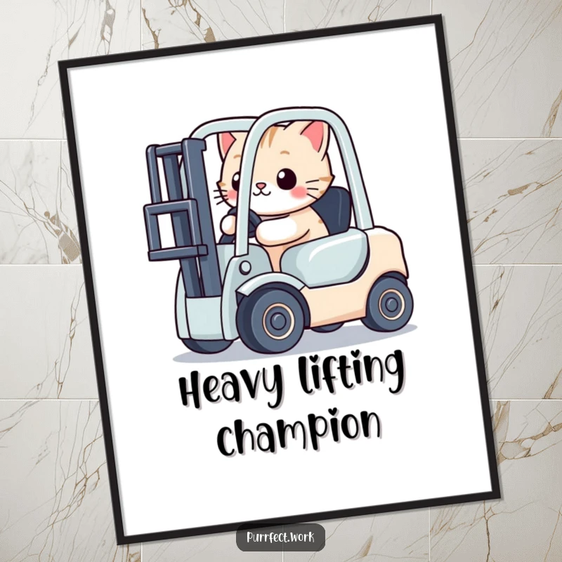 Funny cat intensely driving a miniature toy forklift, presented as humorous wall art for a playful atmosphere.