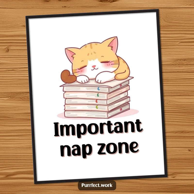 Funny poster art of a cat napping on a stack of documents, representing hilarious office priorities.