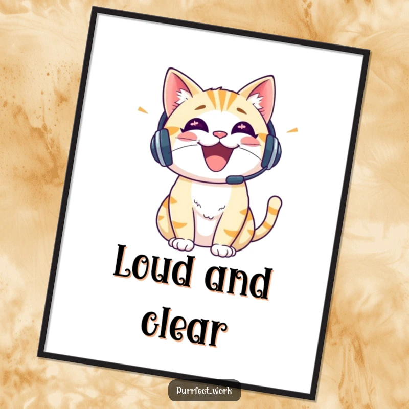 Funny cheerful cat wearing a headset, talking enthusiastically, rendered as a vibrant poster artwork for walls.