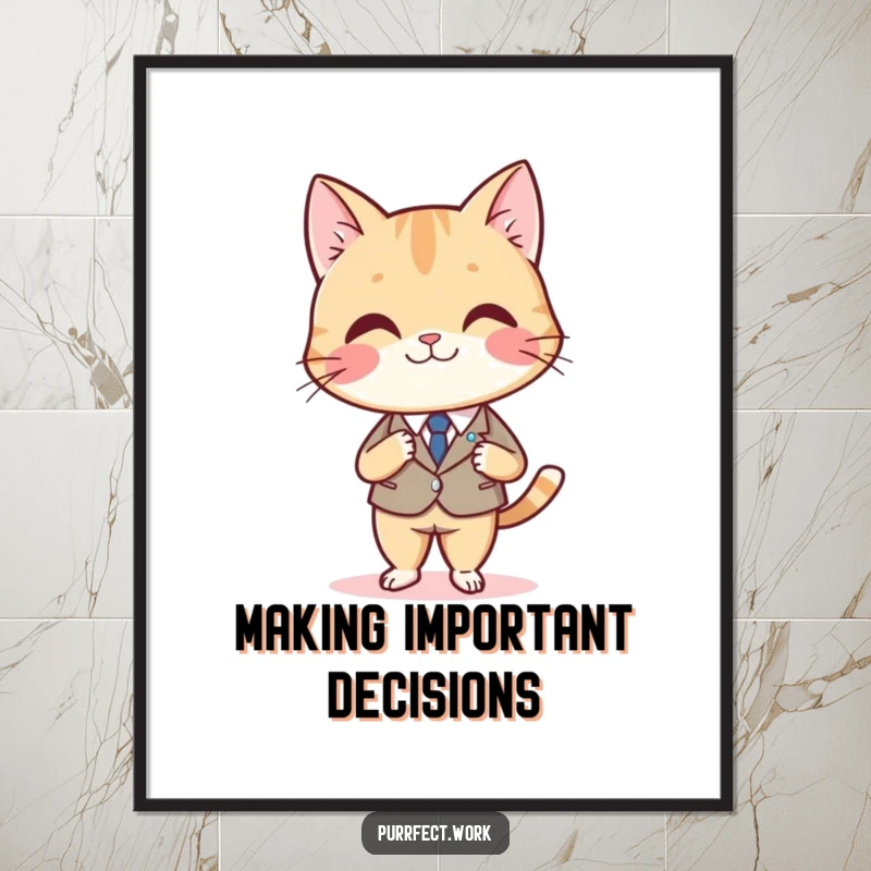 Funny poster showing a smiling cat in a suit, seated at a desk and crossing legs, exuding confidence and humor.