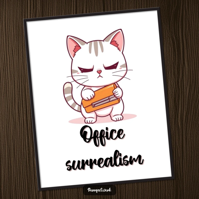 Funny poster print featuring a cat character nervously holding a stapler, perfect for office decor and conveying relatable anxiety humor.