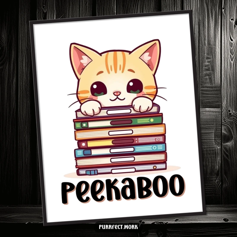 Funny poster of a curious cat peeking over office files, perfect for adding playful mystery to any room.