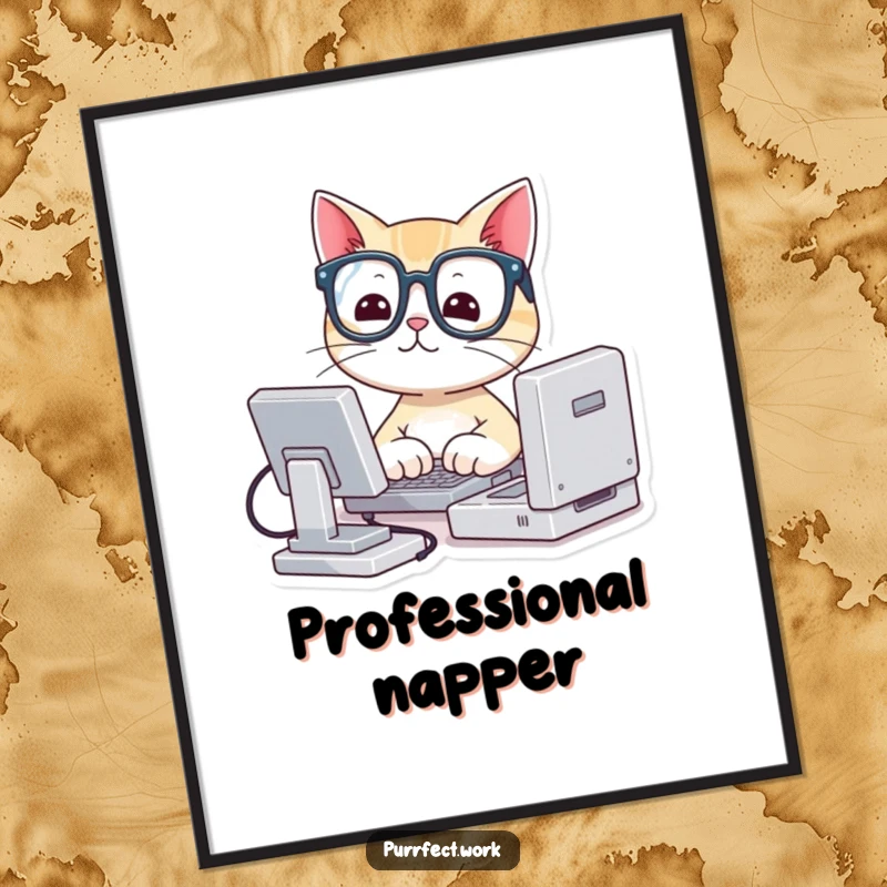 Funny poster print of a cute cat wearing glasses, typing on a miniature computer, depicting a charmingly studious and humorous scene.