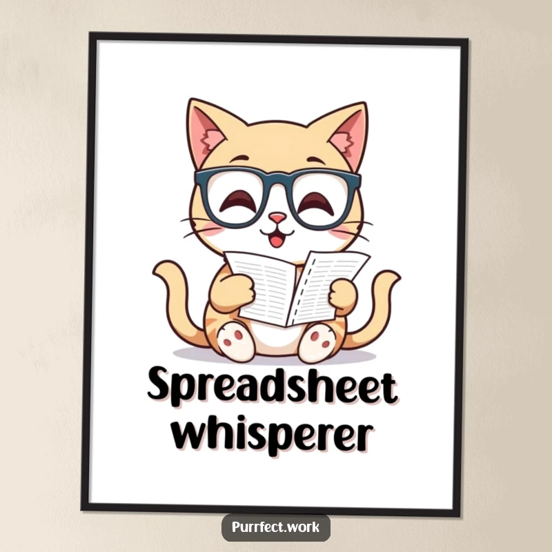 Funny Cat Poster: A sophisticated cat in glasses examines a spreadsheet, offering a humorous and intelligent decorative piece.