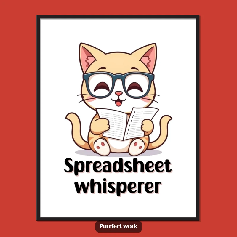 Funny Cat Office Poster: Smart Feline Reading Spreadsheet, Whimsical Wall Art & Gift Idea