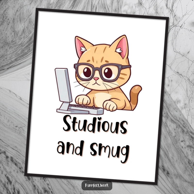 Funny poster print of a cat wearing glasses, looking intensely at a computer screen, symbolizing focus and tech-savvy humor.