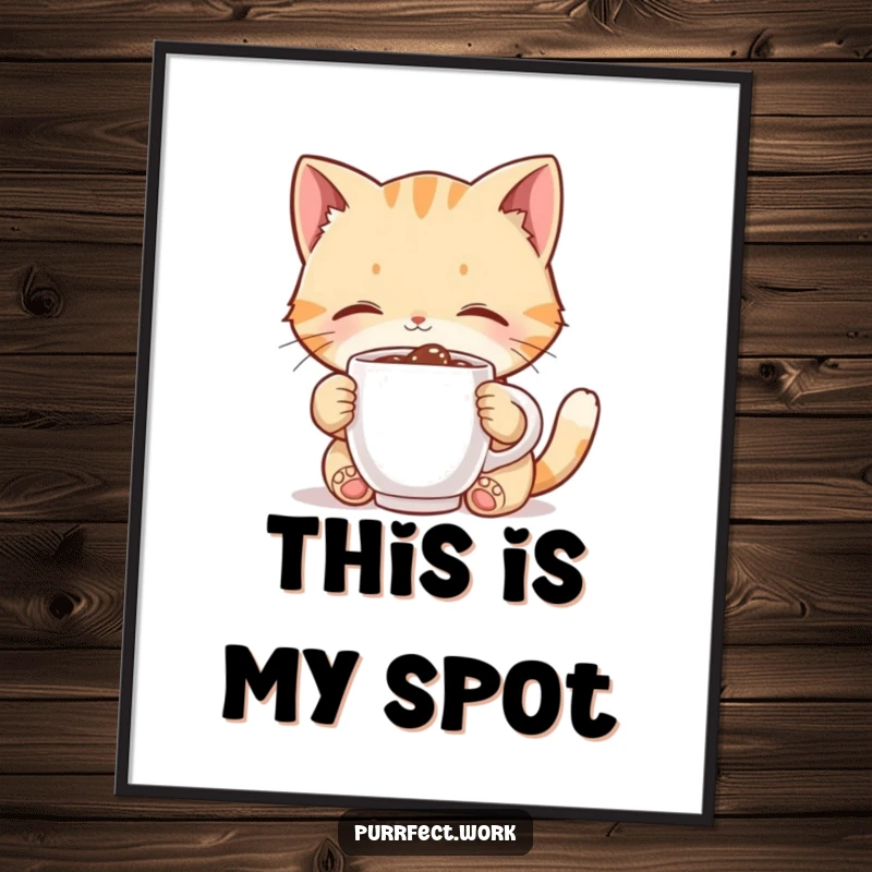 Funny cat poster, cute character blissfully sipping from a miniature coffee mug, bringing cheerful vibes to any room.
