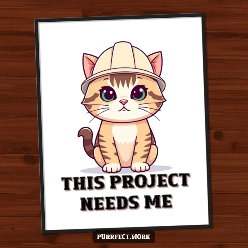 Funny cat poster featuring a cat wearing a small construction hard hat with a focused, ambitious look.