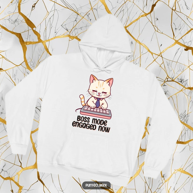 Funny cute cat wearing a tiny tie, typing furiously on a keyboard, a warm and humorous hoodie for a funny gift.