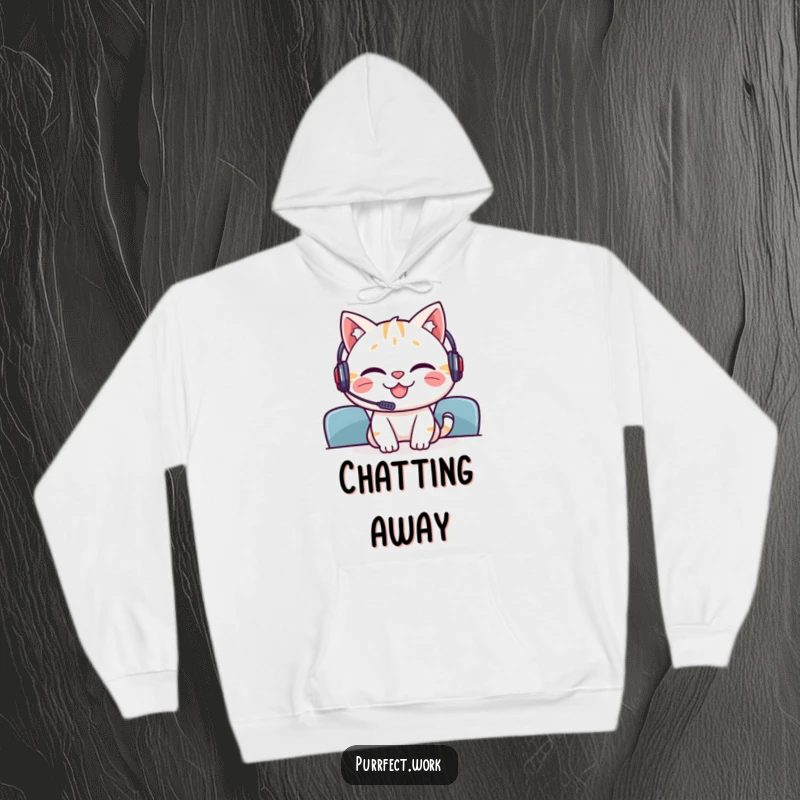 Funny hoodie featuring a grinning cat wearing a mini headset, ready for virtual meeting participation.