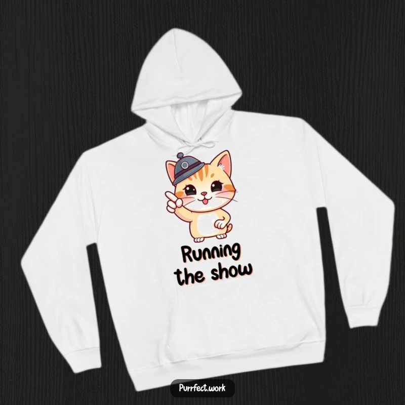 Funny boss cat hoodie, warm apparel featuring a cat boss pointing at a whiteboard, perfect for leaders who appreciate humor.