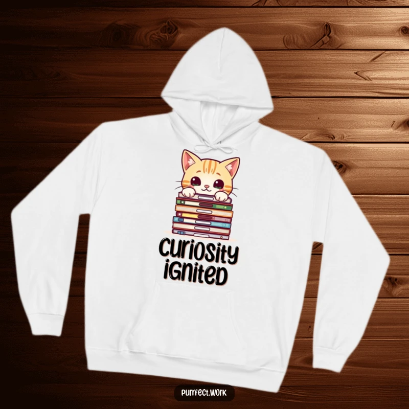 Funny hoodie with a curious cat peeking over office files, offering comfort and playful intrigue.