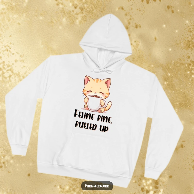 Funny cat hoodie, adorable character with a tiny coffee mug, expressing pure joy during a coffee break, cozy and humorous.