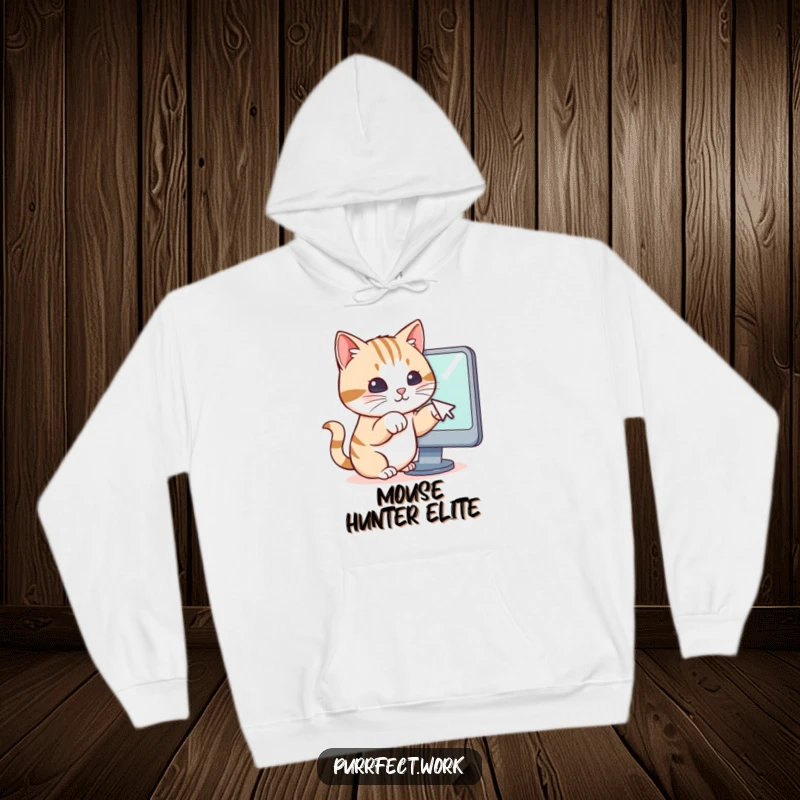 Funny hoodie depicting a cat’s paws actively trying to catch a mouse cursor on a computer screen, a relatable tech joke.