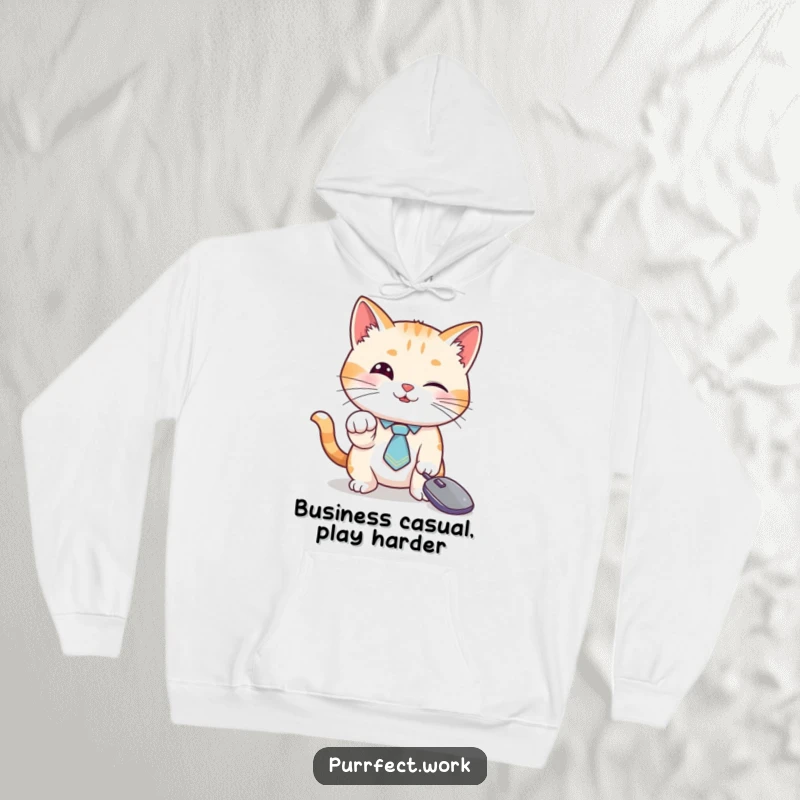 Funny cat hoodie, a dapper cat in a tie playing with a computer mouse cursor, warm and stylish.