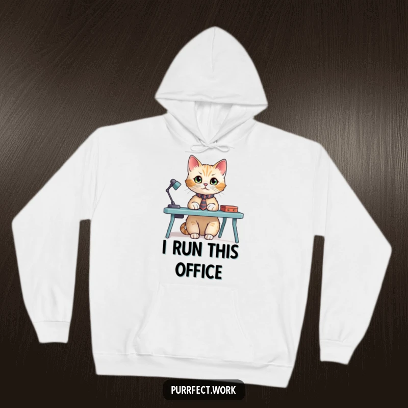 Funny hoodie featuring a dapper cat in a miniature tie, seated at a tiny desk, embodying professional feline charm and humor.