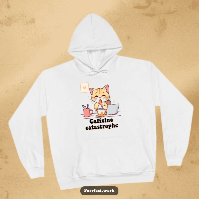 Funny hoodie design of a cat at a desk, comically spilling coffee, perfect for cozy and humorous caffeine appreciation.