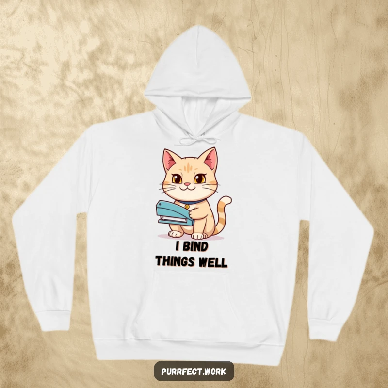 Funny hoodie featuring a determined cat holding a stapler with a confident grin, symbolizing ambition and control.