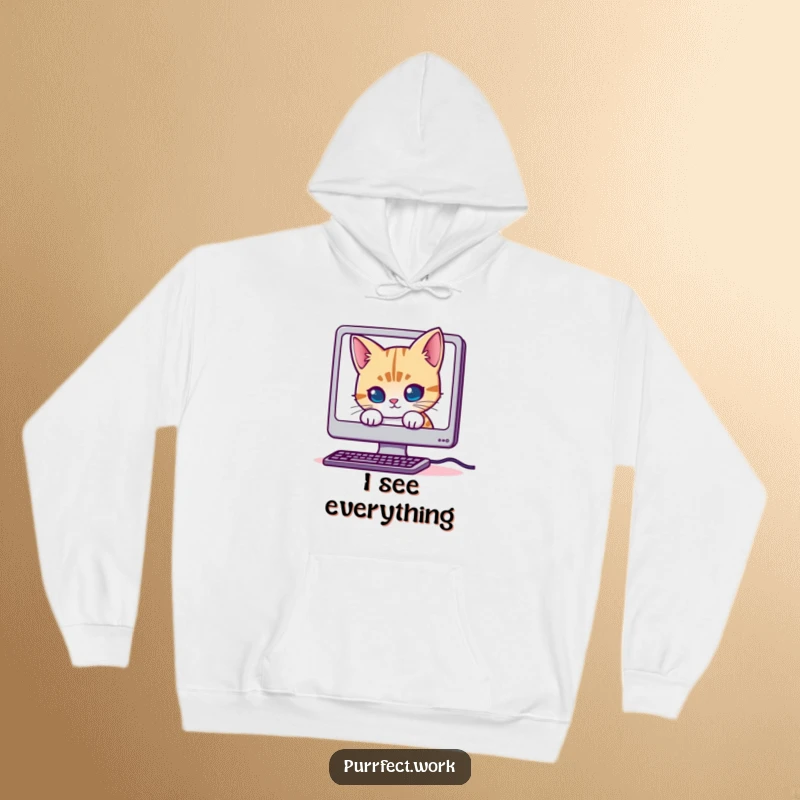 Funny Mischievous Cat Hoodie: A comfortable sweatshirt depicting a cat stealthily hiding behind a computer monitor, radiating playful energy.