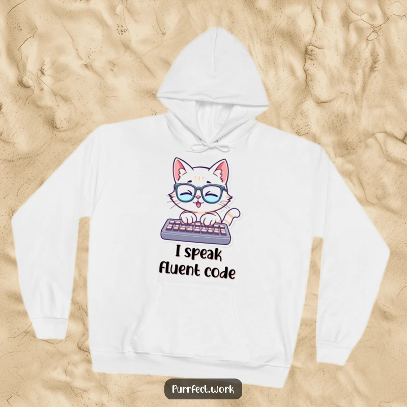 Funny hoodie featuring a cat wearing glasses, typing with great enthusiasm on a keyboard, celebrating knowledge and comfort.