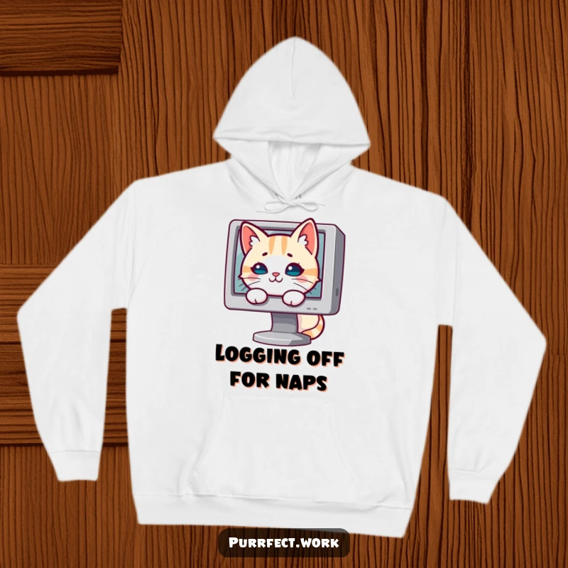 Funny cat hoodie with a cat peeking from behind a computer screen, looking sly and playful.