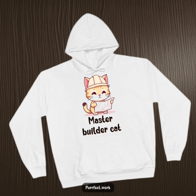 Funny hoodie with a playful cat in a tiny hard hat, looking at a blueprint, ready for any building or design project.
