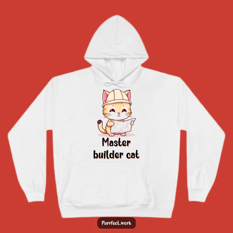 Funny Cat Hard Hat Hoodie: Cozy Builder Cat with Blueprint, Warm Construction Gift