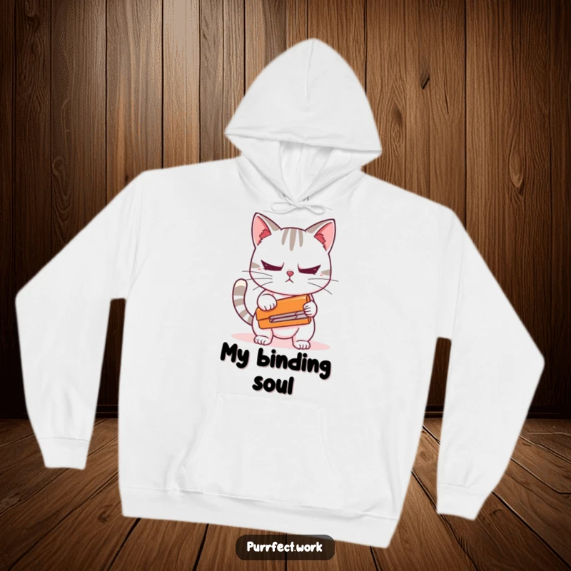Funny hoodie depicting a cat character nervously clutching a stapler, ideal for expressing office stress and feline angst as a gift.