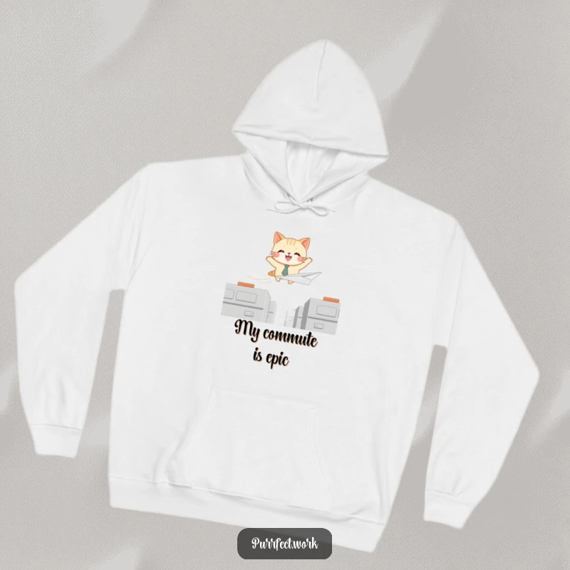 Funny hoodie showing a joyful cat in a tie flying a paper airplane over cubicles, offering warmth and humor.