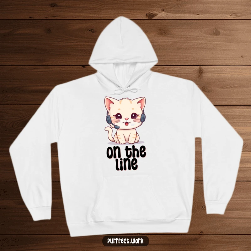 Funny Cat Agent Hoodie depicting a cute cat wearing a tiny headset, engrossed in a phone conversation. Warm and comfortable casual wear.