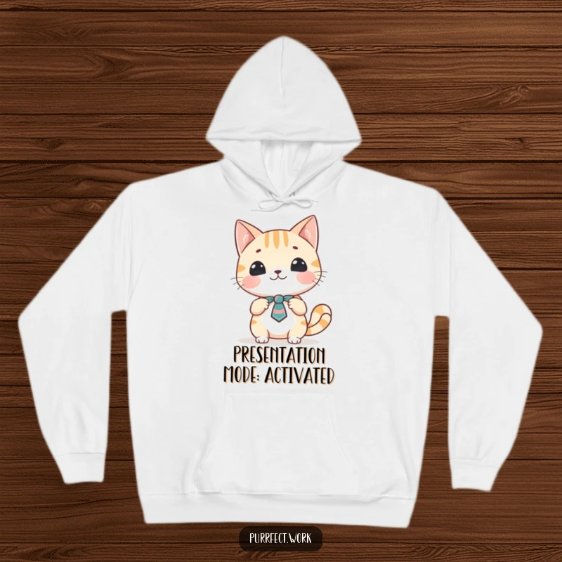 Funny cat presentation hoodie showing a cheerful cat character in a tie, mid-presentation, looking engaging and ready to impress.
