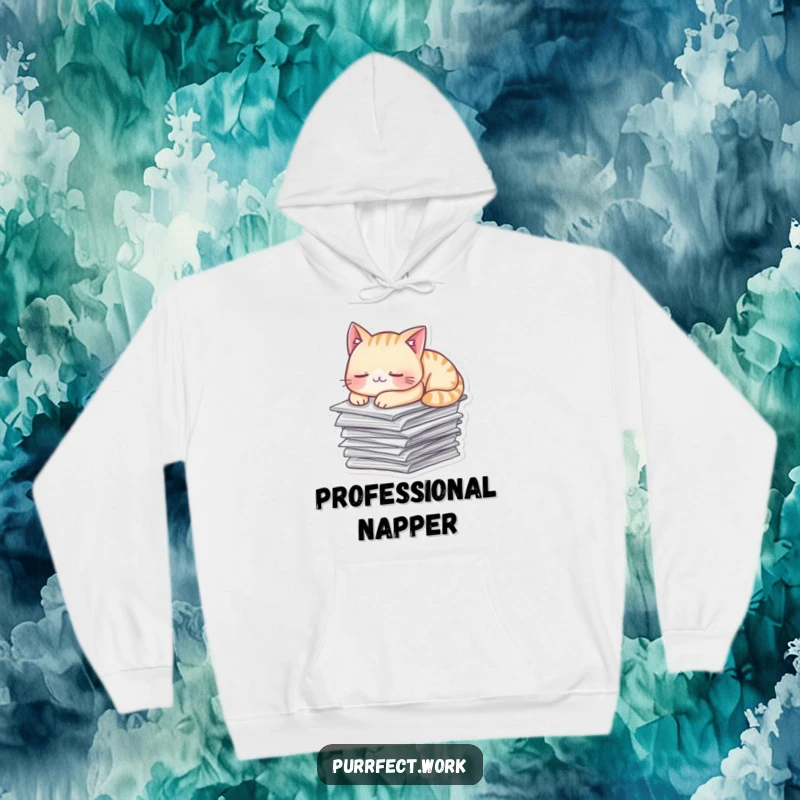 Funny Hoodie featuring a cat peacefully napping on a stack of papers, perfect for cozy relaxation.
