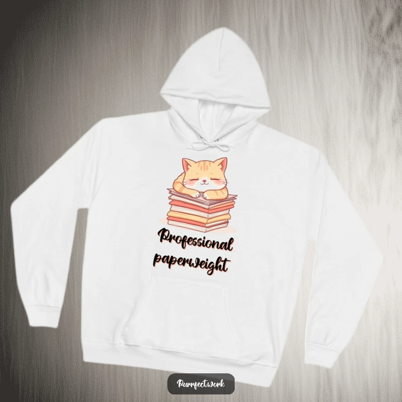Funny content cat hoodie illustrating a relaxed cat dozing on a significant pile of papers, ideal for study or work.
