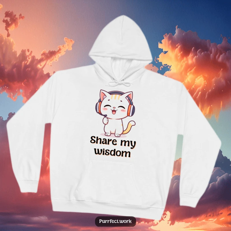 Funny hoodie featuring a happy cat with headphones enthusiastically presenting, great for motivational and cozy vibes.