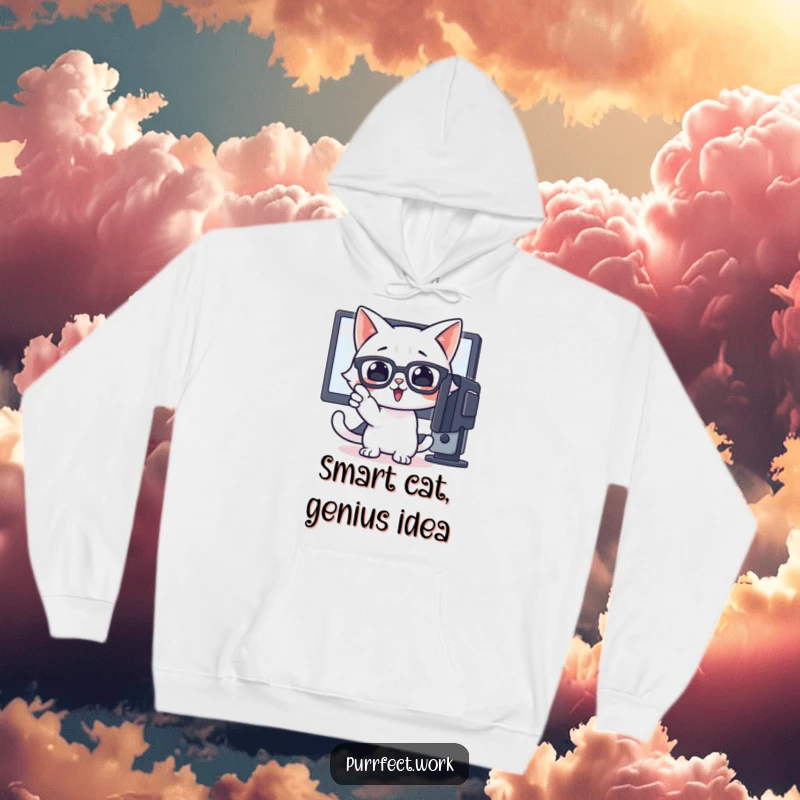Funny hoodie depicting a cat wearing glasses, pointing excitedly at a computer screen, signifying a breakthrough moment.
