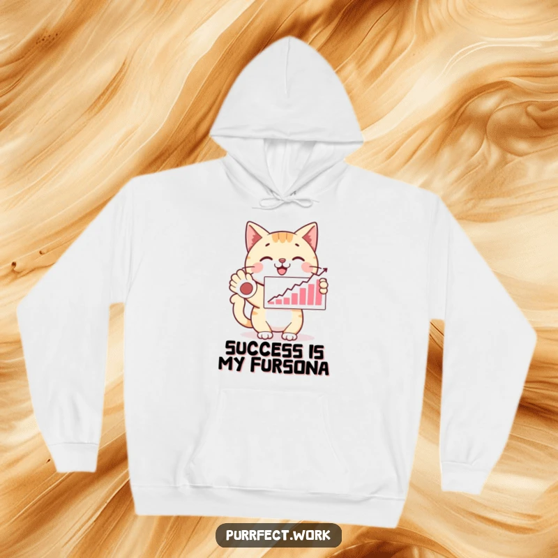 Funny happy cat presenting a graph with a paw, looking proud, a warm and humorous hoodie for a funny gift.
