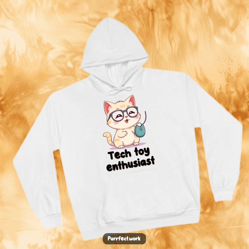 Funny hoodie featuring a playful cat with glasses batting a computer mouse, great for cozy and fun vibes.