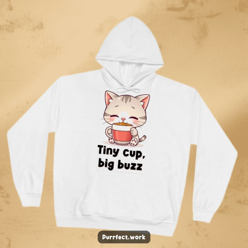 Funny cat coffee hoodie showing a happy cat drinking from a small mug, symbolizing comfort, warmth, and the joy of a good brew.