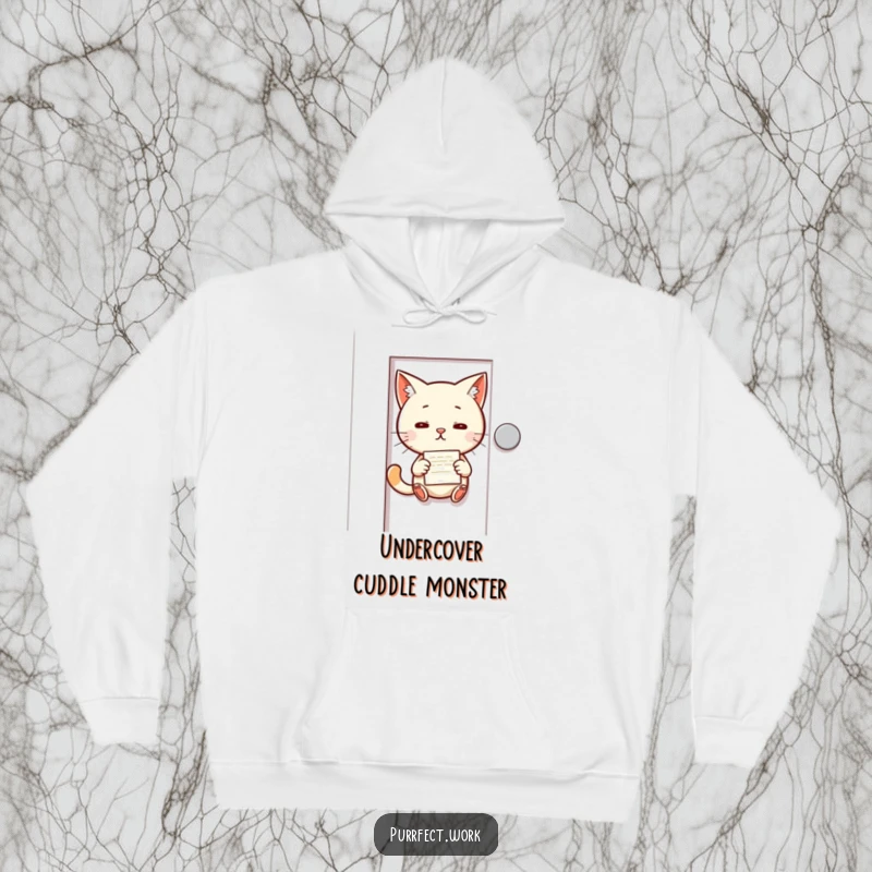Funny hoodie with a mischievous cat slipping a tiny memo under an office door, evoking a sense of playful conspiracy.