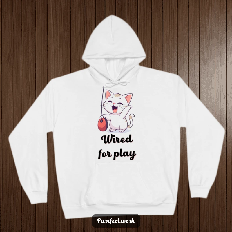 Funny Hoodie featuring a cat enthusiastically batting at a computer mouse, ideal for lounging and playful moments.
