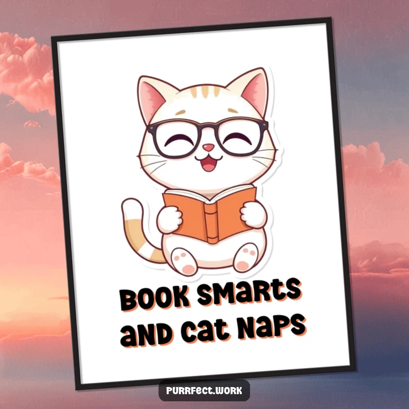 Funny Free Printable Wall Art: A smiling cat sporting glasses is deeply engrossed in reading a small book, radiating studious joy.