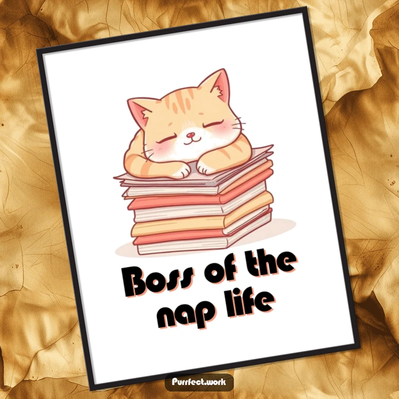 Funny free printable wall art: Sleepy cat blissfully napping on a tall stack of important looking papers.