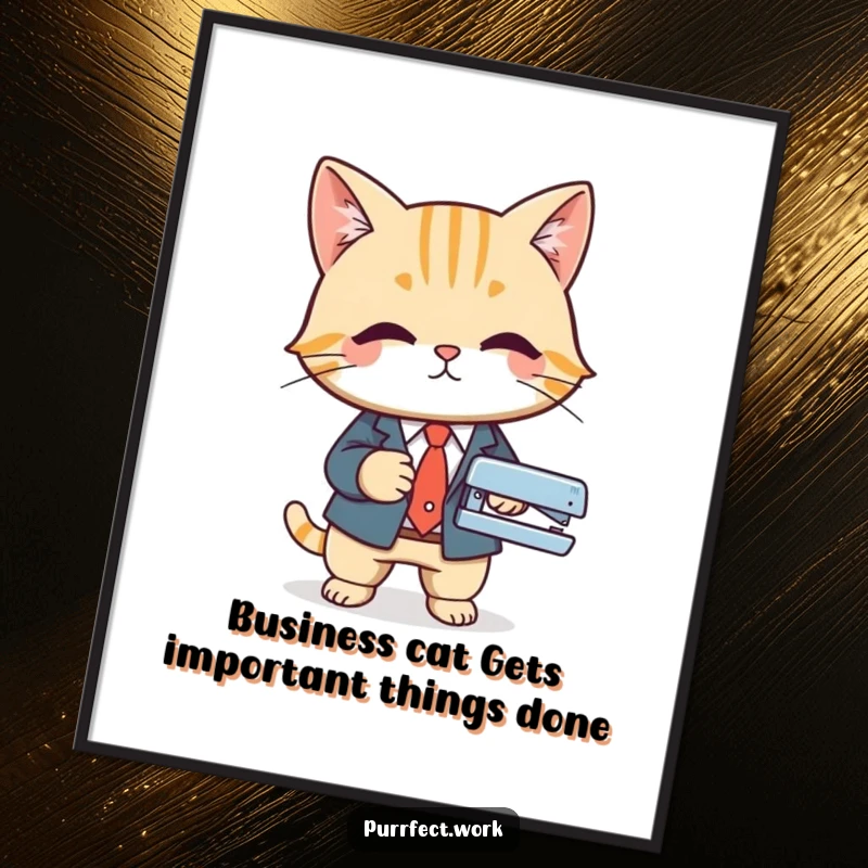 Funny Free Printable Wall Art: A cat in a sharp business suit uses a stapler, bringing office humor to life.