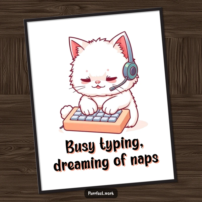 Free Printable Wall Art: A fluffy white cat wearing a headset, intensely typing on a miniature keyboard, a funny tribute to productivity.