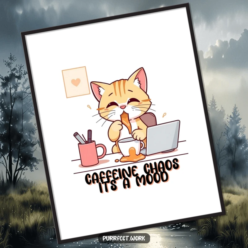 Funny Free Printable Wall Art: A cat comically spills coffee at a desk, creating a humorous scene.