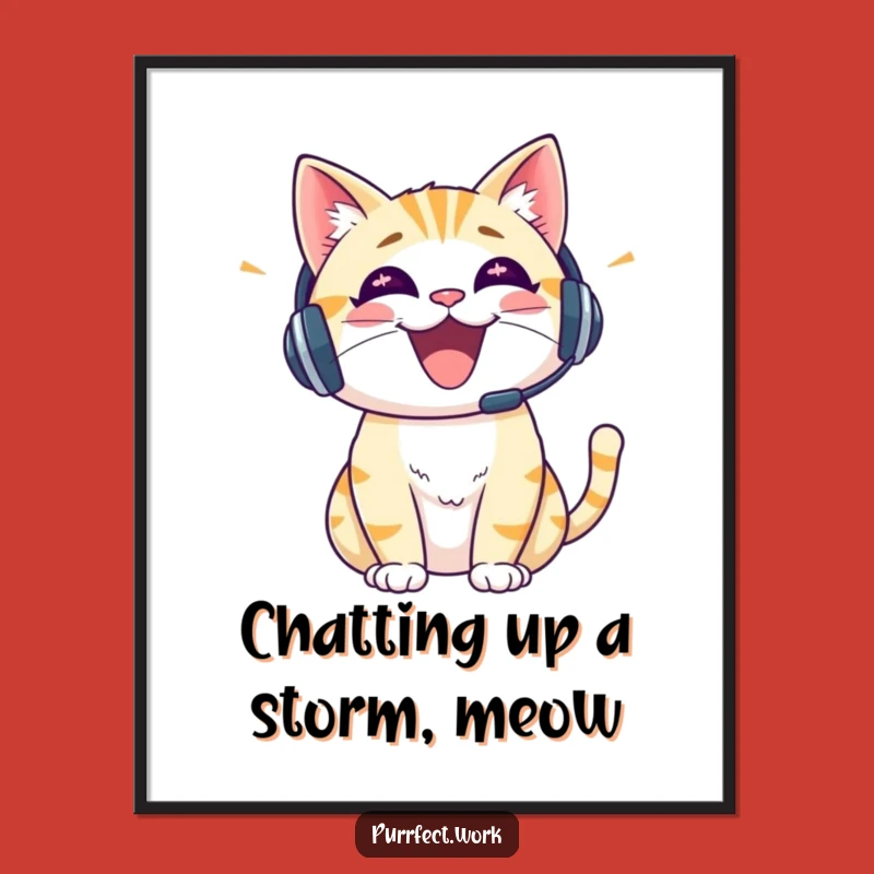 Add a vibrant and chatty vibe to your walls with this Free Printable art! Features a cat with a headset. Print at home.