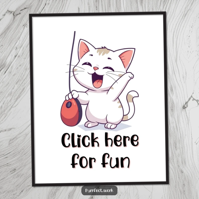 Funny Free Printable Wall Art of an excited cat character playfully batting at a dangling computer mouse.